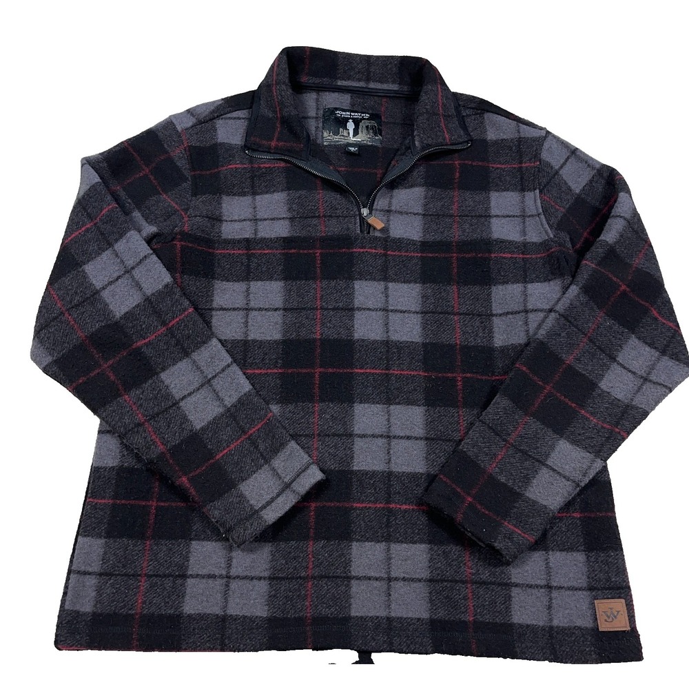 John Wayne‎ Sweater Men Large Black Gray Plaid Pullover Quarter Zip Sweatshirt